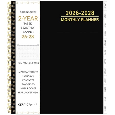 2026-2028 Monthly Planner 2 Year Monthly Planner/Calendar 2026-2028, 24 Months Calendar Planner Jul 2026 – Jun 2028, 9" x 11", Holidays, Tabs, Double-Side Pocket, Thick Paper - Black