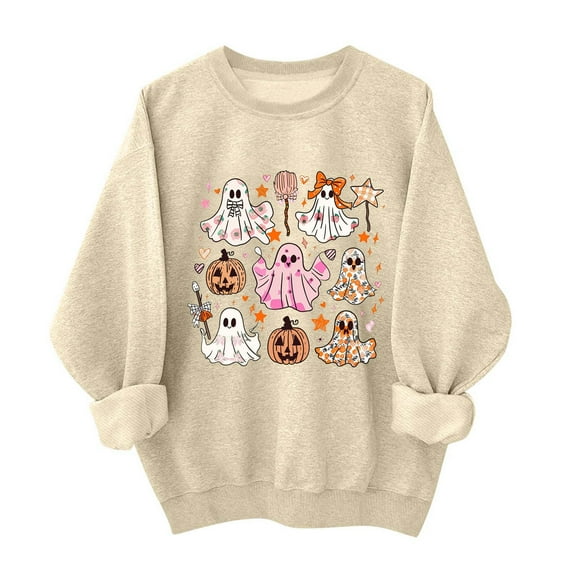 LYEAA Halloween Lightweight Sweatshirts for Women Long Sleeve Crew Neck Regular Ribbed Cuff Casual Wear Ghost Holiday Clothes Khaki L