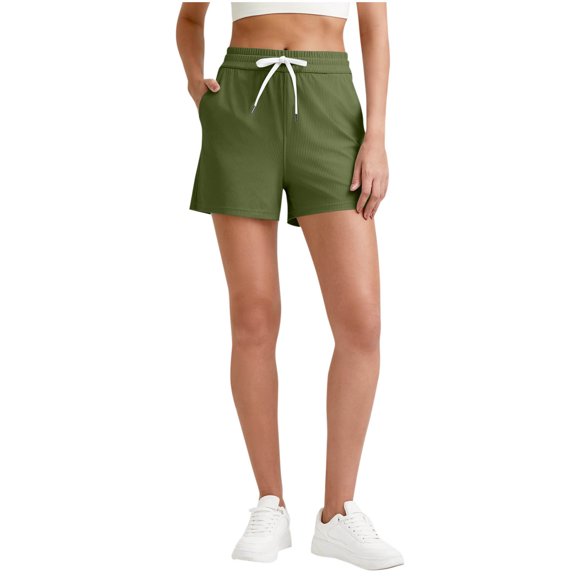 RYRJJ Womens Athletic Ribbed Sweat Shorts Summer Casual High Waisted Drawstring Gym Running Workout Shorts with Pockets(Army Green,L)