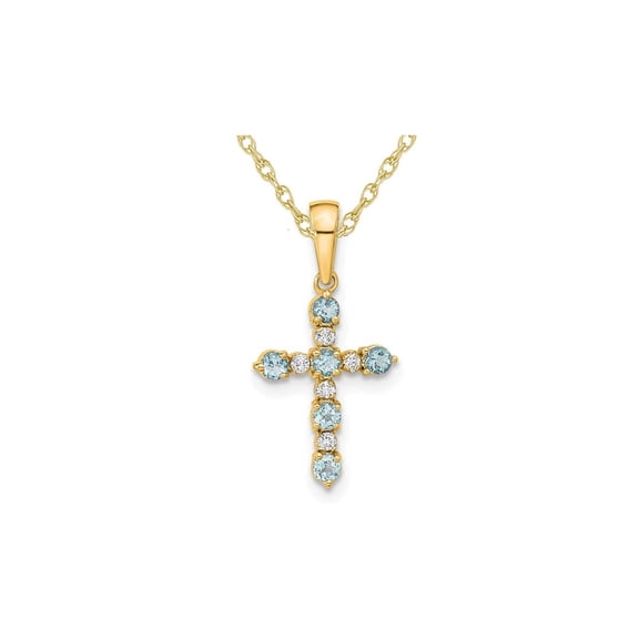 1/5 Carat (Ctw) Light Aquamarine Cross Pendant Necklace in 14K Yellow Gold with Chain