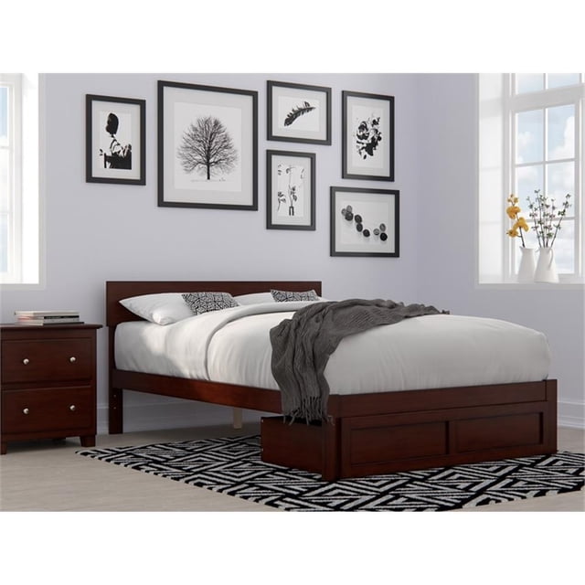 AFI Boston Modern Solid Wood Full Bed with Foot Drawer in Walnut