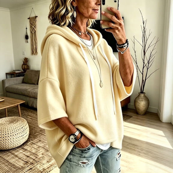 Beige Sweatshirt for Women Oversized Short Sleeve Hoodie for Women Casual Loose Batwing Half Sleeve Hooded Sweatshirt with Front Pocket Color Relaxed Fit Pullover Hoodie Daily Streetwear