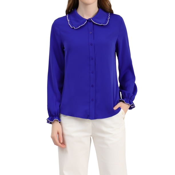 CAMISAS DE TRABAJO CON CUELLO PETER PAN Y VOLANTES SWEET PARA MUJERES CHIC, BOTONES, TAMAÑO XS, AZUL