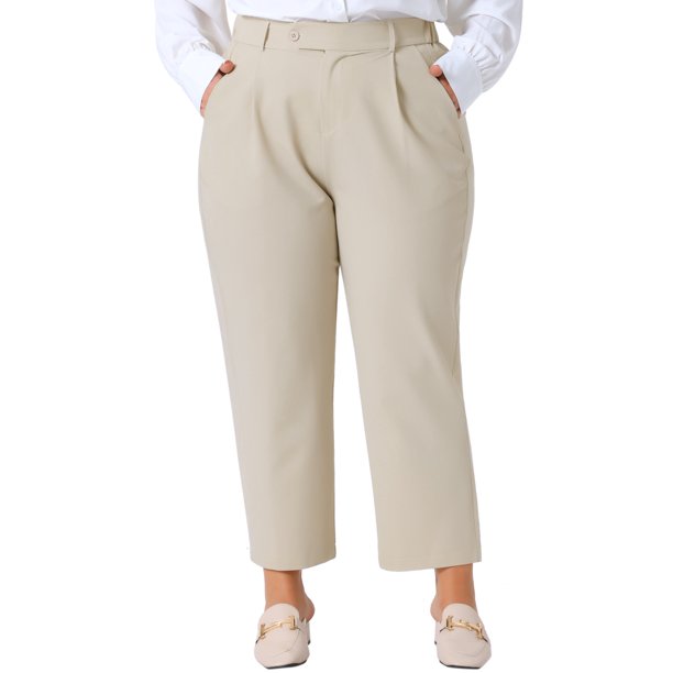 Pantalones de trabajo de oficina de talla grande plisados Agnes Orinda para mujeres, con cintura alta, rectos, casuales de negocios, con bolsillo, 2X color caqui claro