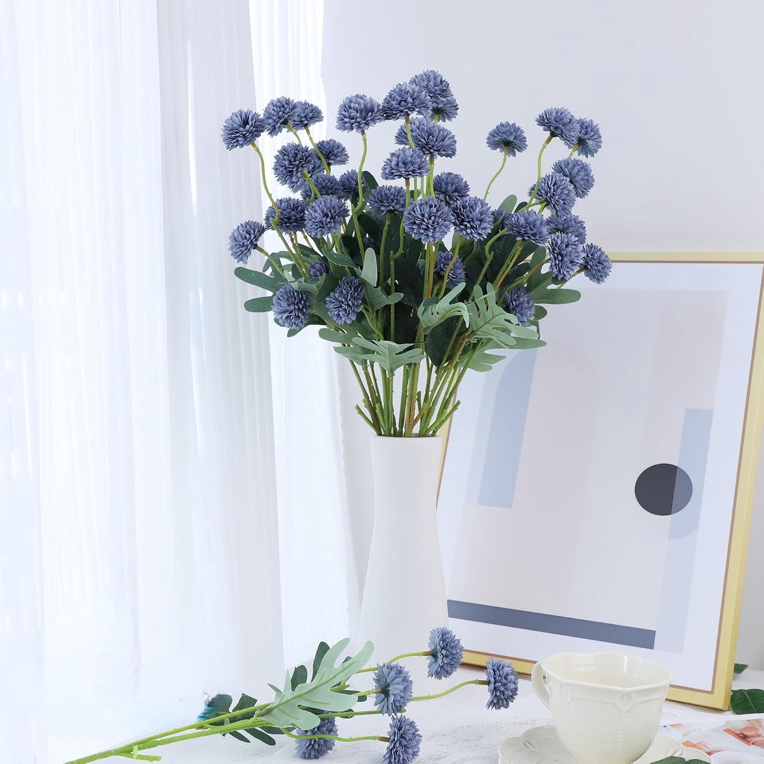 10 Pcs Dusty Blue Kiku Flower Fake Mums Long Stem Flowers,Faux Kiku Flower Bulk,Silk Flowers Mini Chrysanthemum Floral Arrangements,Artificial Flowers Chrysanth Mini Fake Flower