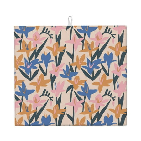 

Dish Drying Mats for Kitchen Counter - Lilies Flowers Blue Yellow Pink 16x18In Anti-Slip Absorbent Microfiber Drying Mat for Kitchen Counter Mat Dish Rack Mat with Hanging Loop
