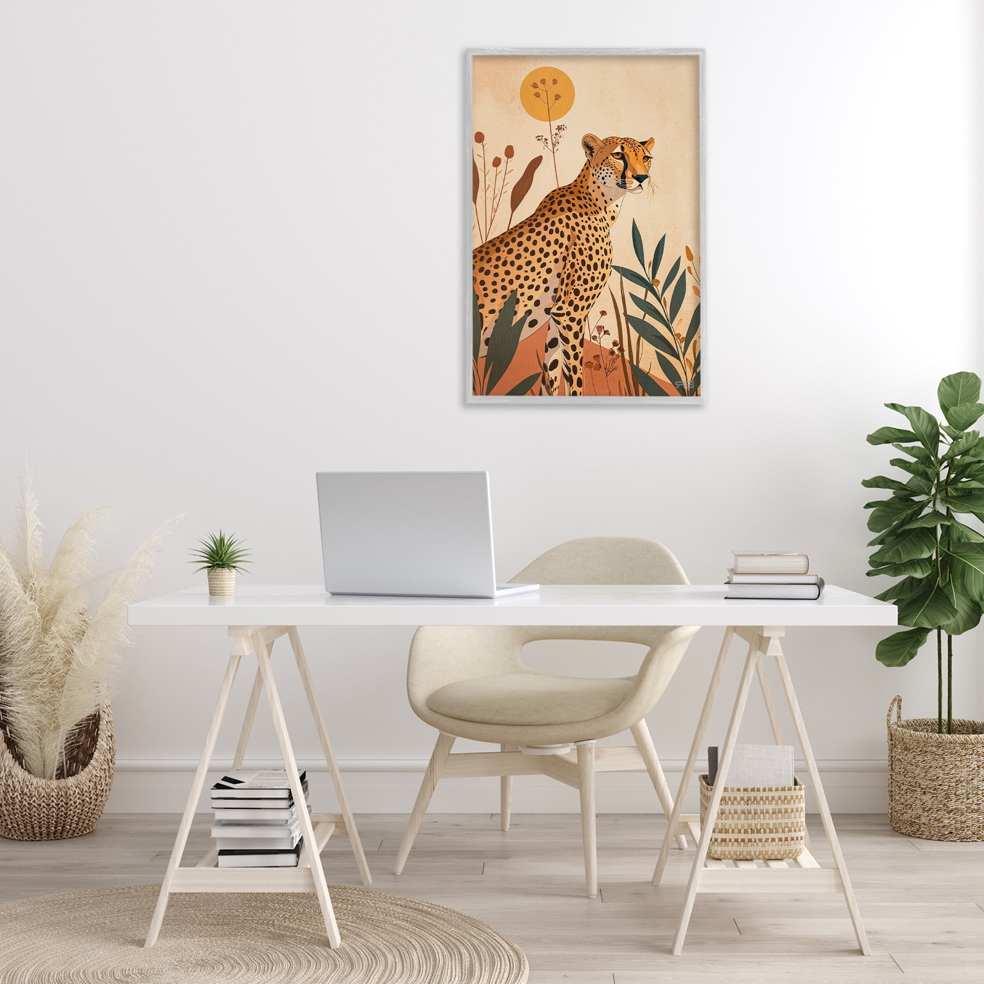 Stupell Industries Cheetah & Boho Plants Animals & Insects Painting Gray Framed Art Print Wall Art, 20 x 30