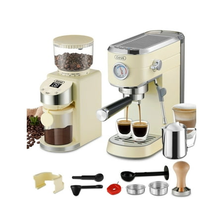 Gevi 20 Bar Espresso Coffee Machine with Milk Frother 35Oz, Burr Coffee Grinder, Beige