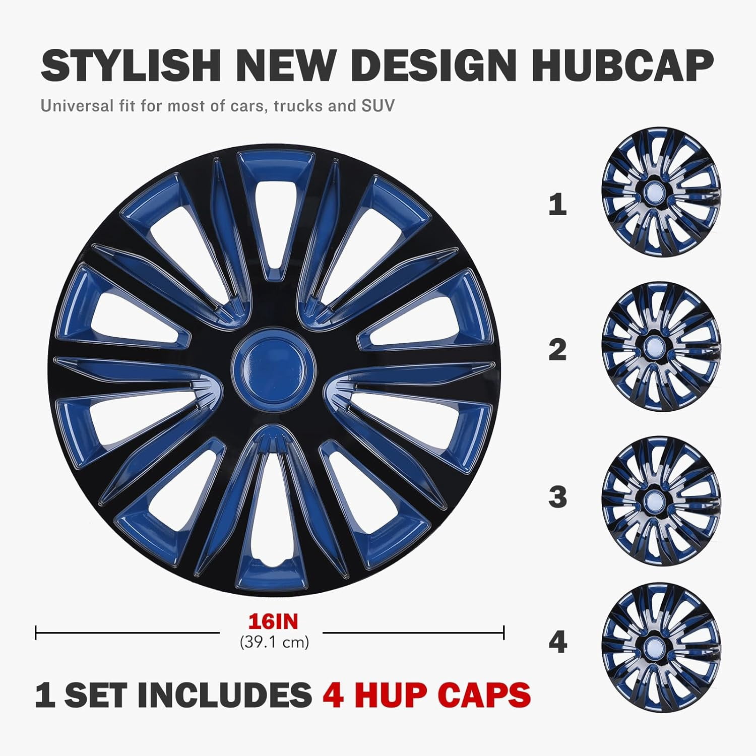 4Pcs Set 16" Universal Hubcaps Wheel Rim Covers for Steel Wheels,Snap on Installation,Black & Blue Lacquer