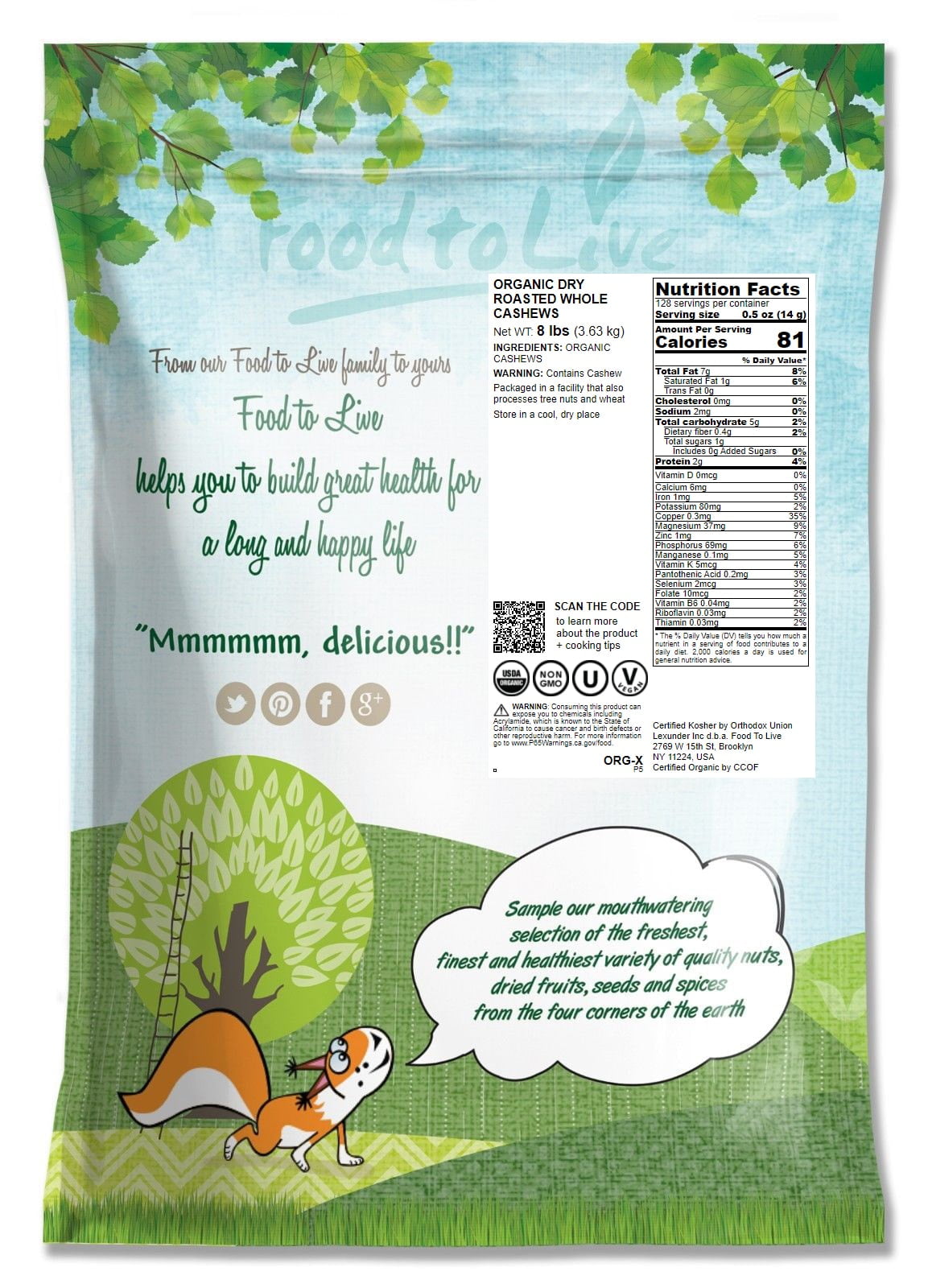 Organic Dry Roasted Whole Cashews, 8 Pounds — Non-GMO, Kosher, Vegan — by Food to Live