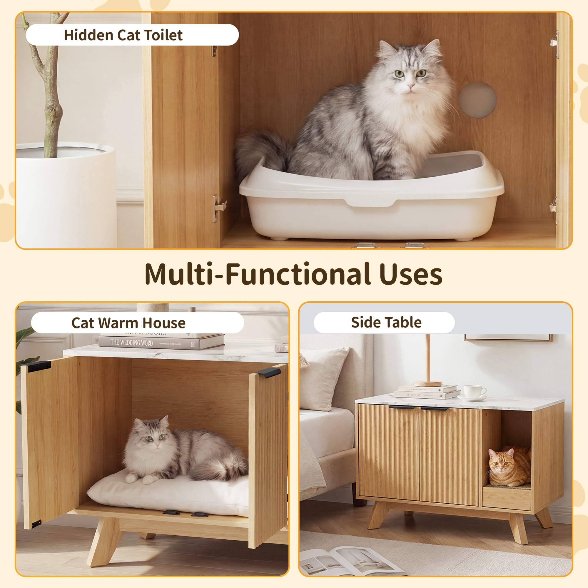 YDN Modern Litter Box Enclosure for Cats- 31.5" Indoors Hidden Cat Litter Box Furniture for 2 Cats, Wooden Cats Washroom Side Cabinet with Scratching Pad for Most Cat Litter Box,Nature