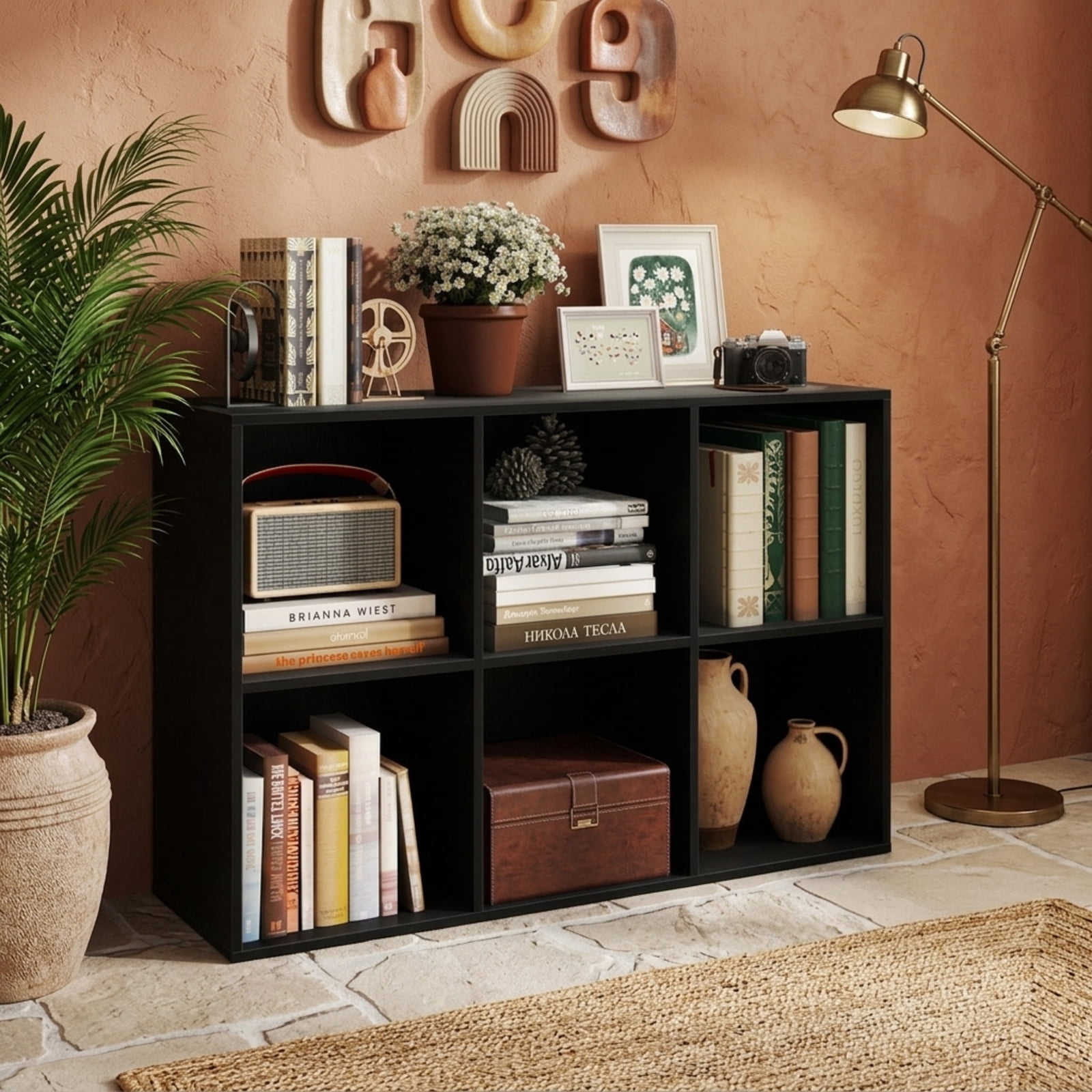 Furnibear Modern 6-Cube Bookcase Freestanding Storage Bookshelf with Anti-Tipping Kits and Non-Slip Pads for Living Room, Black