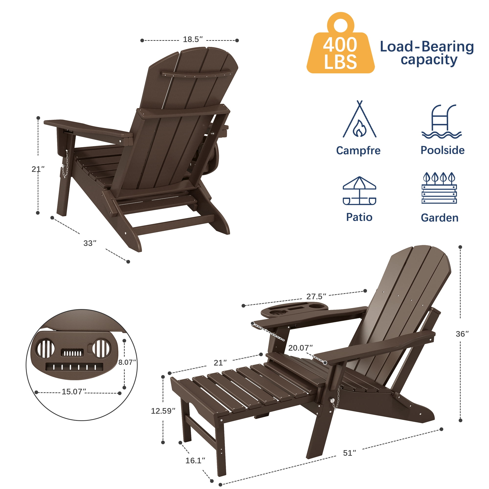 2PCS Folding Adirondack Chair with Ottoman, Adjustable Backrest Plastic HDPE Adirondack Chairs w/4 in 1 Cup Holder Tray, Coffee
