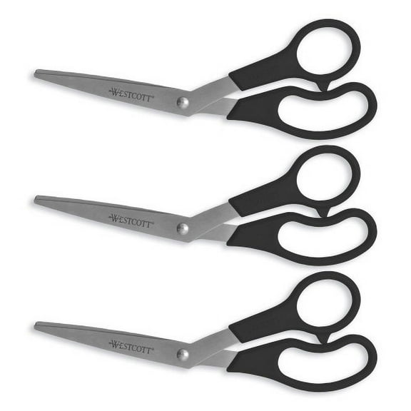 Westcott Value Line Stainless Steel Shears, 8" Long, 3.5" Cut Length, Black Offset Handles, 3/Pack