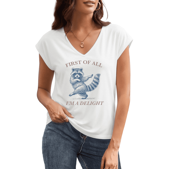 UNISHE Women Funny Sarcastic Raccoon Graphic T-Shirt - First Of All I'm A Delight Print V-Neck Sleeveless Tee Trendy Tops