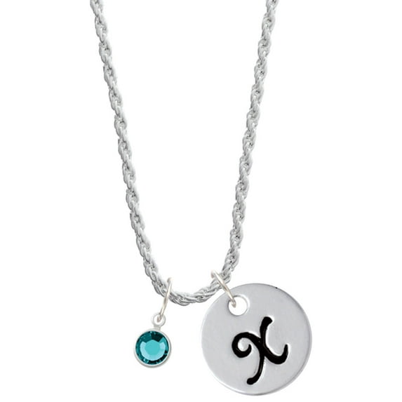 Delight Jewelry Crystal Teal Channel Drop Silvertone Script Initial Disc - X - Charm Necklace, 20"+3"