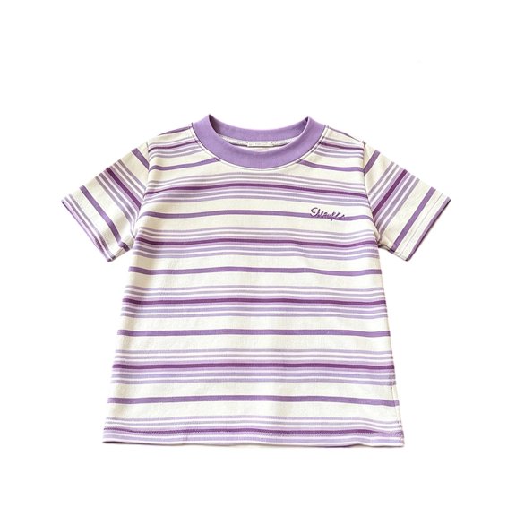 Kids Striped Short Sleeve T-Shirt Embroidered Letter Crew Neck Tee Classic Horizontal Stripe Summer Casual Basic Top for Boys Girls(Purple,1-2 Years)
