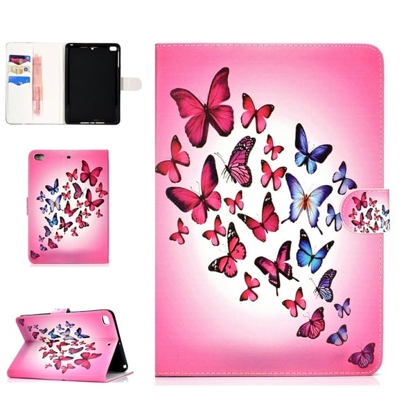 iPad Mini Stand Case, iPad Mini 4 3 2 1 Case, Allytech Pretty Pattern Smart Book Style Folio Wallet Cover with Auto Wake Sleep Feature for Apple 7.9-inch iPad Mini 4 3 2 1 Tablet, Pink Butterfly
