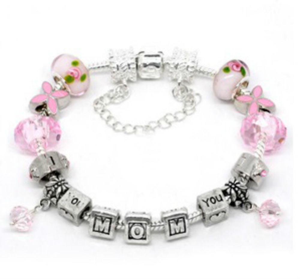 Mother's Day I Love Mom Charm Bracelet Silver tone Charms Glass Beads European 