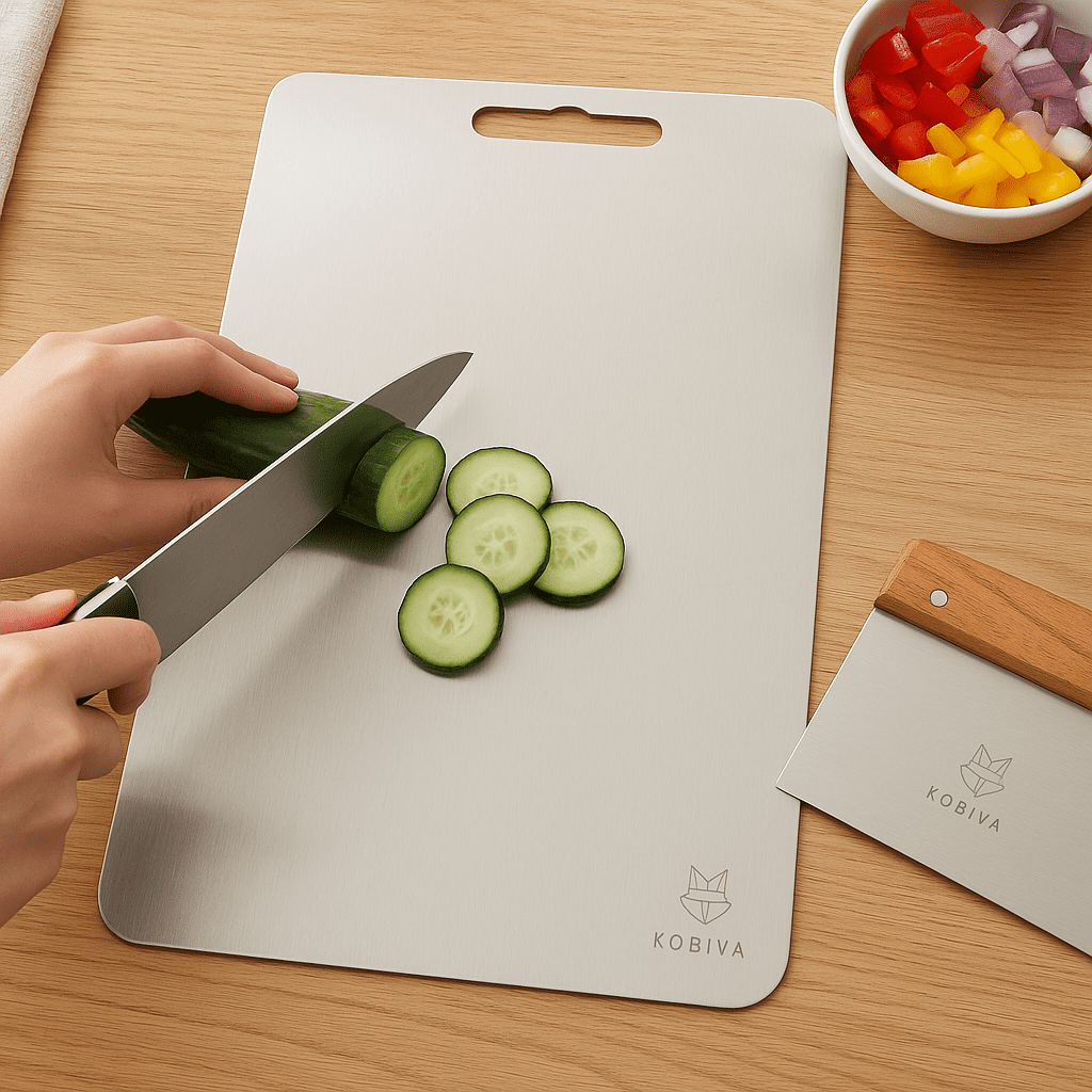 304 Stainless Steel Cutting Board with Bench Scraper & Wooden Handle | Food Grade, Large Metal Chopping Board, Dough Cutter, Dishwasher Safe | Kitchen Set for Meat, Bread, Vegetables & Pastry
