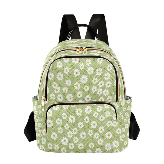 Qxltty Quilted Backpack for Women, Simple Green Daisy Travel Daypack with Front Pocket for Casual Daily Use