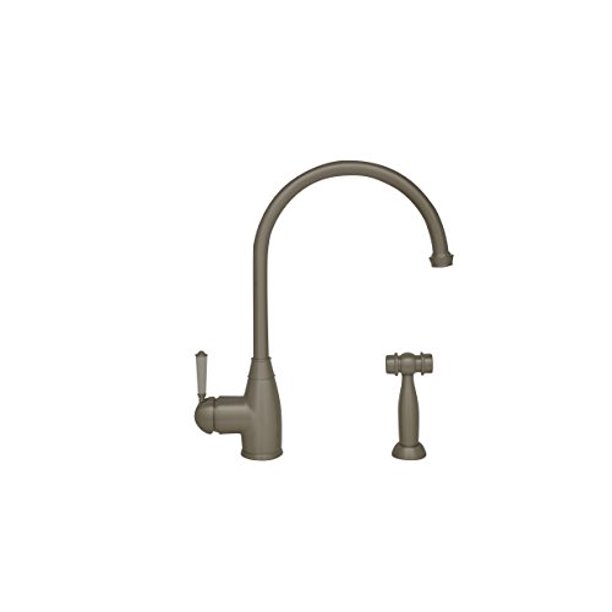 Queenhaus Llave de una sola palanca con pico largo de cuello de cisne, manija de una sola palanca de porcelana y rociador lateral de latón macizo - Níquel cepillado Whitehaus WHQNP-34682-BN