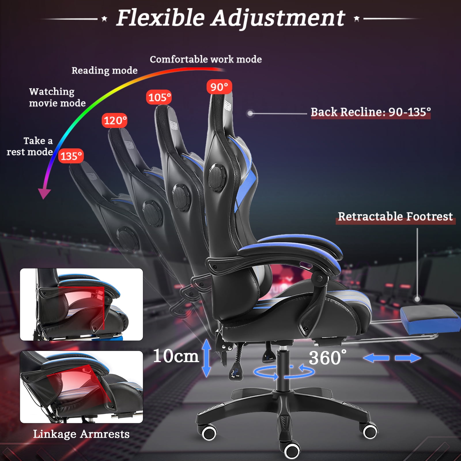 Hoffree Gaming Chair with Bluetooth Speakers and Footrest Massage Office Chair with LED Lights Ergonomic Game Chair High Back with Lumbar Support and Headrest Adjustable Swivel for Adults 300lb