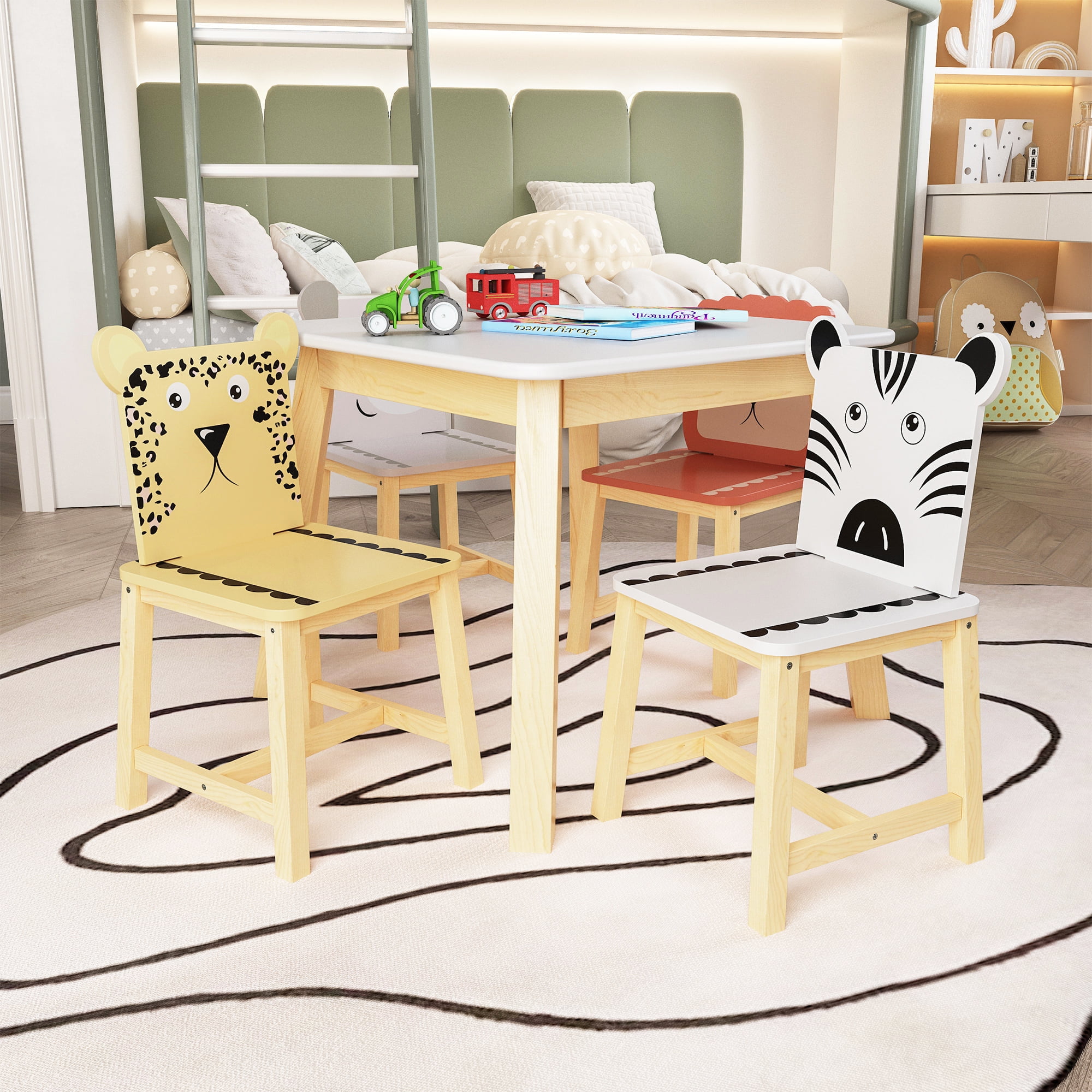 Tansole 3 Piece Toddler Wood Table Chair Set Animal Themed Ideal for Eating Kids Playroom Walmart