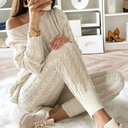 Fashion Cotton Tracksuit Women 2 Piece Set Sweater Top+Pants Knitted ...