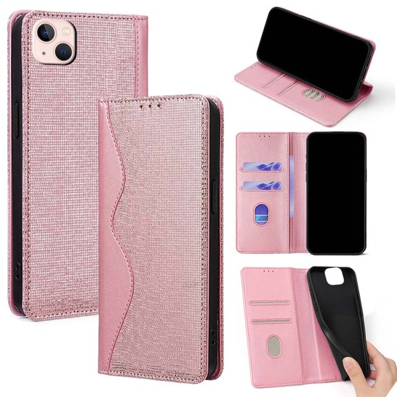 Wallet Case for iPhone 13 with Card Slots & Wallet Pocket, Wave Curves and sequins meticulously sewn PU Leather Cover Kickstand Magnetic Shockproof TPU Bumper Flip Folio Case,Rosegold