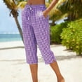 thumbnail image 6 of Gingham Capris for Women Petite Linen Cropped Pant Lightweight Dressy Casual Wide Leg Elastic Waist Summer Pull on Ladies Palazzo Capri Trouser with Pockets Purple 3XL, 6 of 6