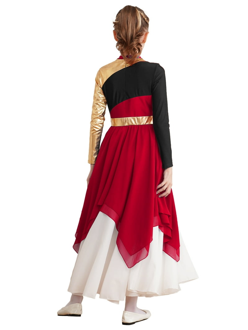 iEFiEL Girls Metallic Liturgical Praise Dance Dress Long Sleeve  Asymmetrical Hem Church Robe Lyrical Dancewear A Burgundy 16 - Walmart.com