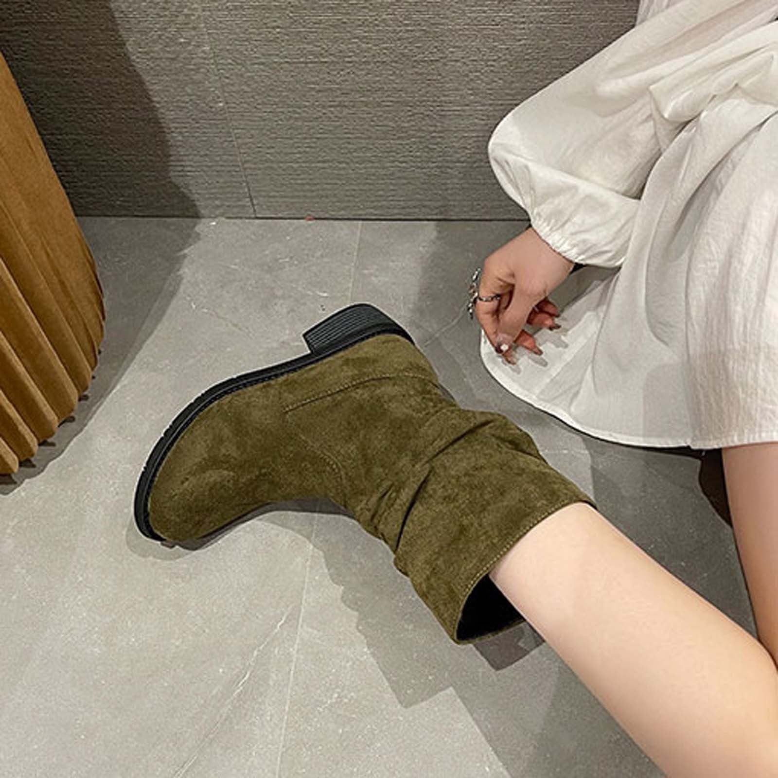 Fitoron Mid Calf for Women Suede Winter Boots Warm Block Slouch Boots Casual Fall Shoes Christmas Gifts Clearance Army Green 7