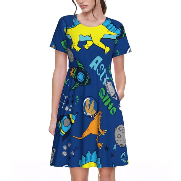 Disketp Dinosaur In Space para Vestido de Manga Corta para Mujeres, Vestidos de Verano para Mujeres, Casual y Holgado para la Playa