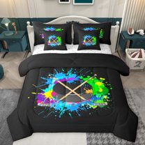 Homewish Abstract Ice Hockey Boy Girl Bedding Comforter Set 7-Piece,Graffiti Splash King Bedding Sets,Sport Gamer Ultra Soft Bed Sheets,Breathable Home Decor,Reversible