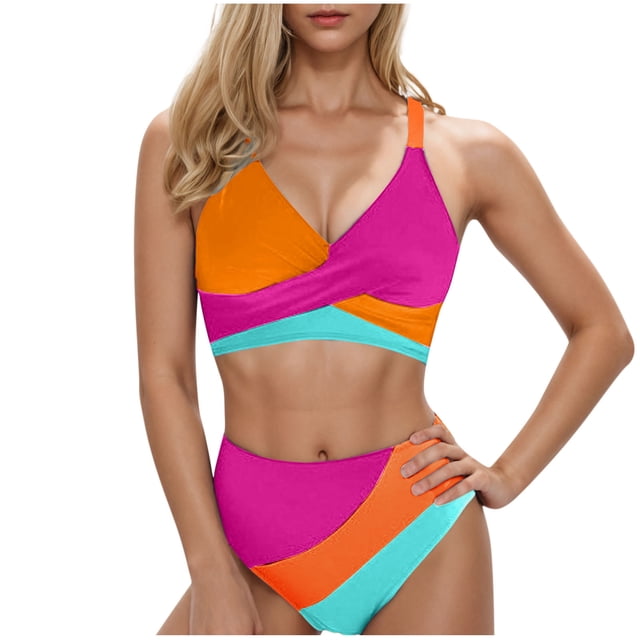 Trajes de Baño de Bikini de Mujer, Bloqueo de Color Sexy Correa sin Espalda Bikini, Traje de Baño de Corte Alto Retro