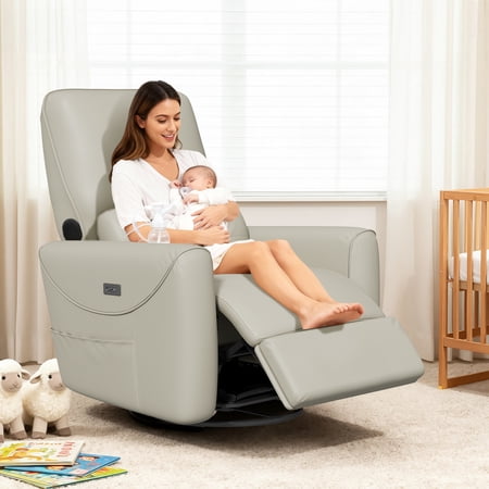 SERWALL Bluetooth Nursery Rocking Chair with 270° Swivel, Swiverl Glider Rocking Chair with USB-C Port & Speaker, Faux Leather Gray
