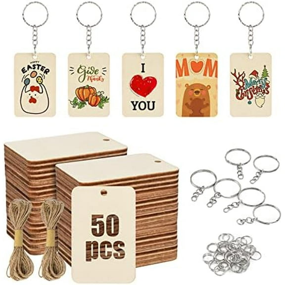 50Pcs Blank Rectangle Wooden Keychain Set, Unfinished Wood Slices with 50Pcs Key Rings, with Jute Rope Wood Keychain Key Tags for DIY Craft Supplies