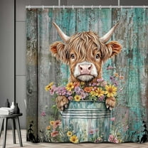 Cute Highland Cow Shower Curtain, Rustic Teal Turquoise Daisy Flower Bath Curtain, Botanical Funny Animals Farmhouse Wooden Bathroom Accessories Cabin for Bathroom Curtains, 72X72in
