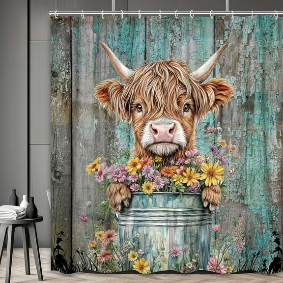 Cute Highland Cow Shower Curtain, Rustic Teal Turquoise Daisy Flower Bath Curtain, Botanical Funny Animals Farmhouse Wooden Bathroom Accessories Cabin for Bathroom Curtains, 72X72in