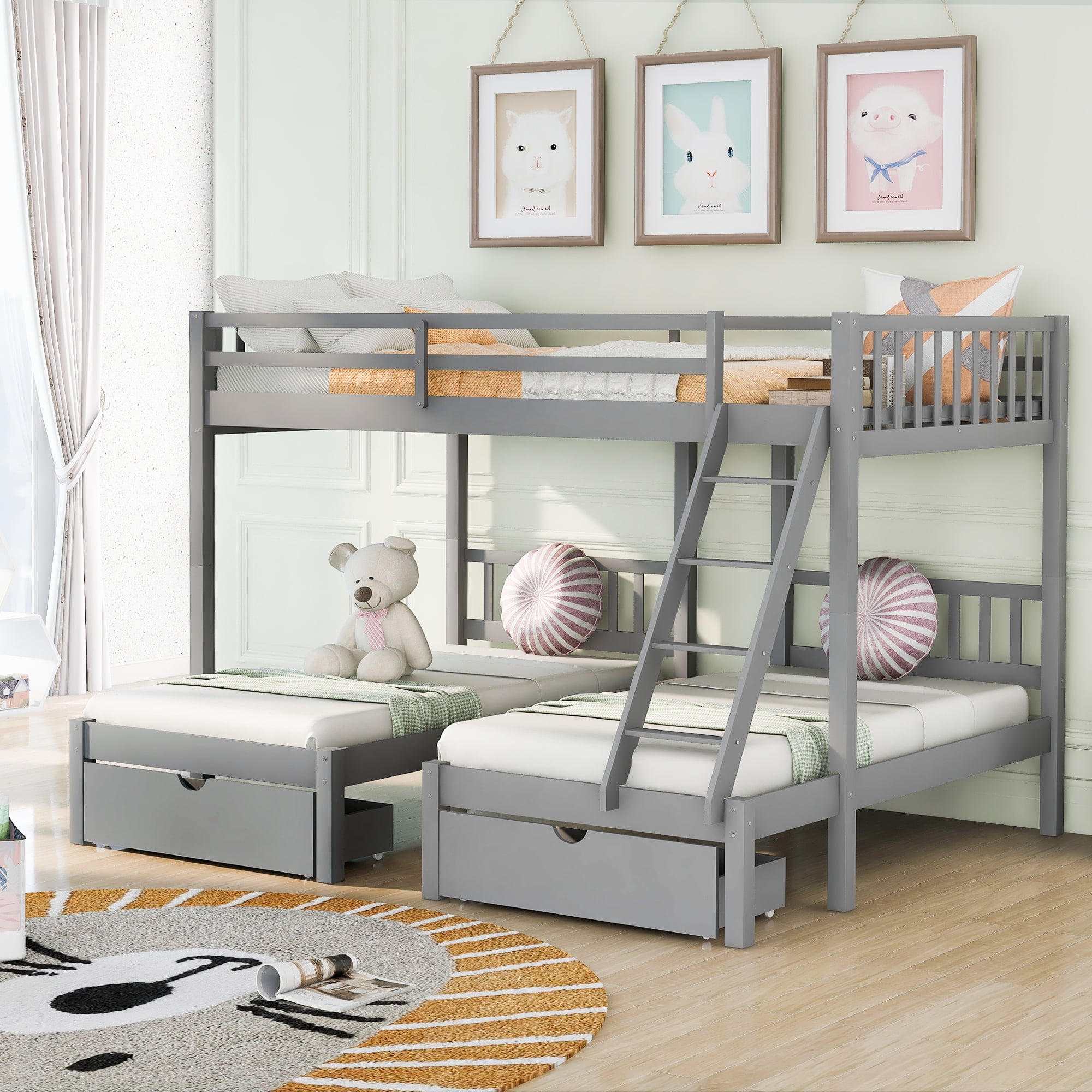 Full Over Twin & Twin Bunk <b>Bed</b>, Wood Triple Bunk <b>Bed</b> with Drawers and G...