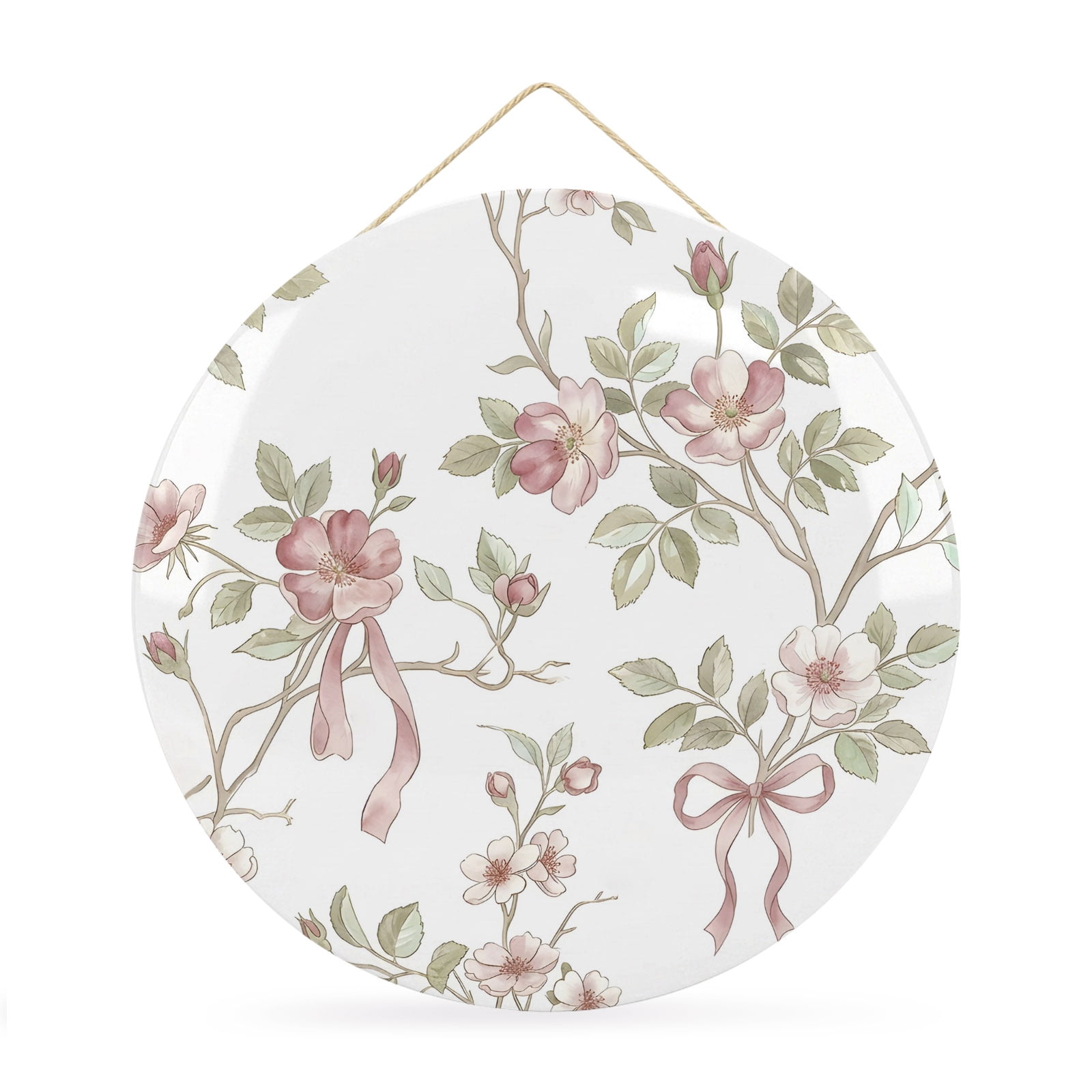 Round Welcome Sign for Front Door Pink Spring Floral Hanging Metal Farmhouse Wall Decor for Porch Entryway Farmhouse Flowers Elegant Decoration for Holiday Housewarming Gift 12 in