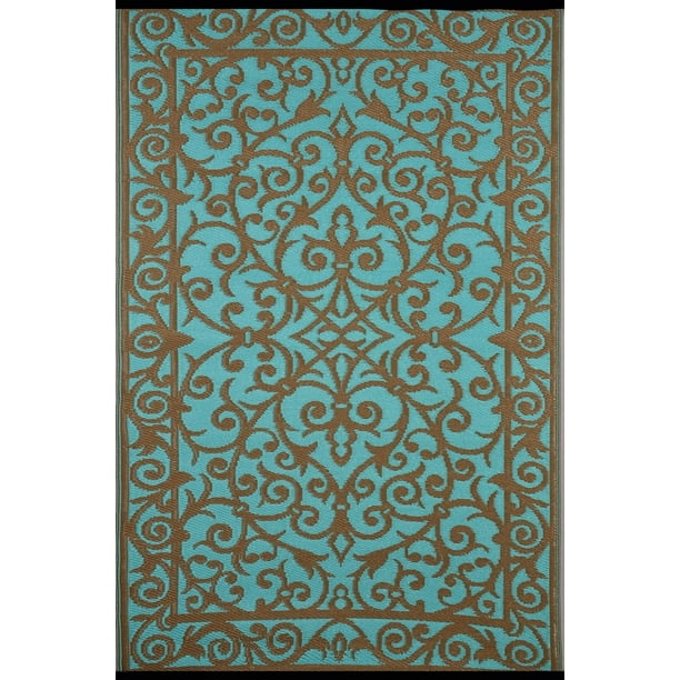Green Decore "Gala" Outdoor/Reversible Eco Plastic Rug, Turquoise/Gold