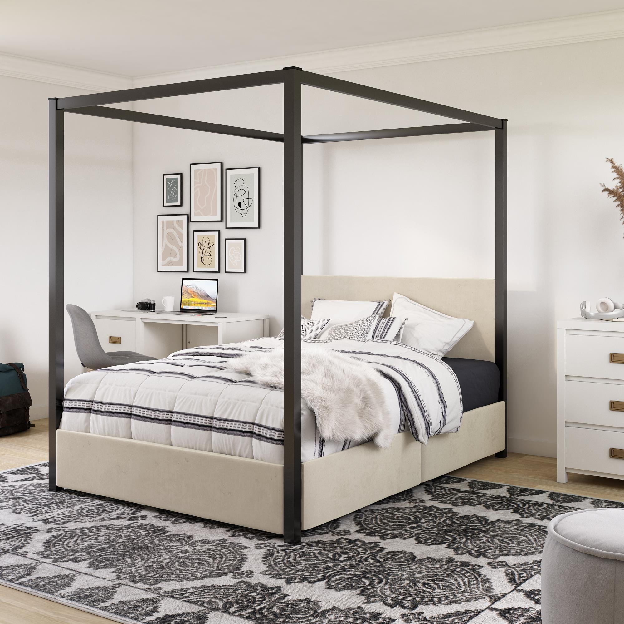 Little Seeds Sparrow Canopy Bed with Storage, Black & Ivory, Full Size