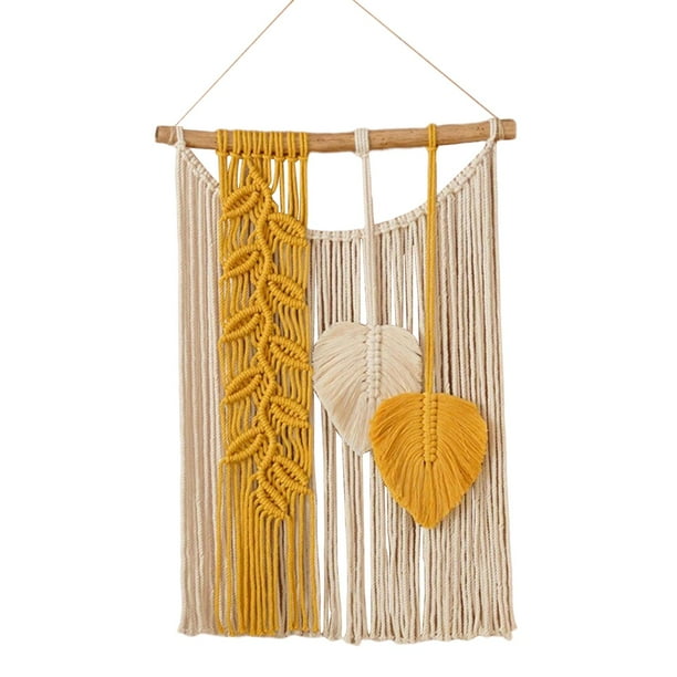 Decoración colgante de pared de macramé, arte de pared de macramé bohemio, tapiz tejido con borlas para Amarillo