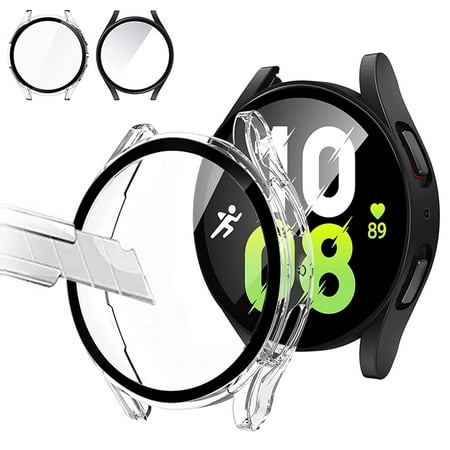 [2 Pack] for Samsung Galaxy Watch 5 & Watch 4 Case [44mm], IC ICLOVER Full Cover Snap-on Cover with Built-in Clear Glass Screen Protector Anti-Scratch & Shockproof Hard PC Clear Bumper, Clear+Black