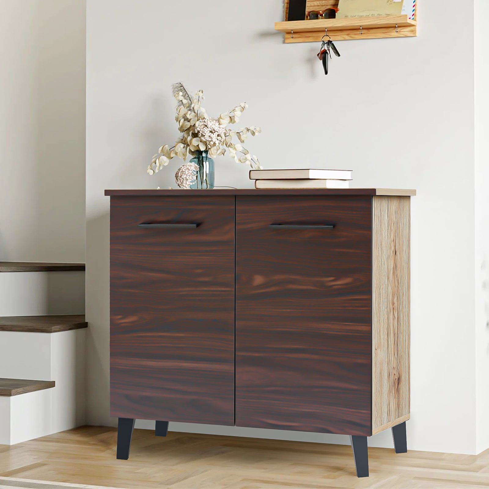Kadyn Walnut Finished Faux Wood Cabinet, Kitchen Storage Cabinet with 3-Shelf, Modern Fiberboard Storage Cabinet for Living Room Kitchen