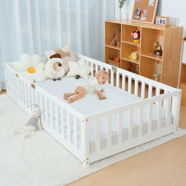 MOPHOTO Twin Floor Bed for Kids-Twin Montessori Bed Frame with Wood Slats and Door and Slats, Wood Toddler Floor Beds for Girls and Boys
