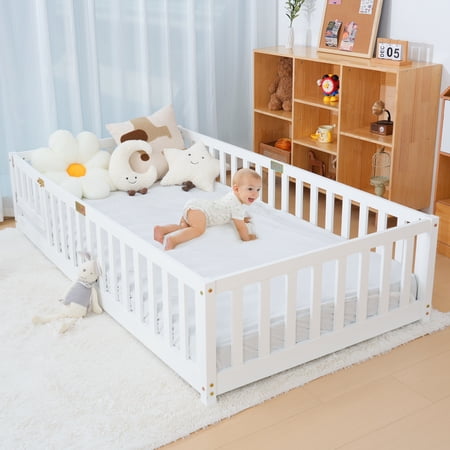MOPHOTO Twin Floor Bed for Kids-Twin Montessori Bed Frame with Wood Slats and Door and Slats, Wood Toddler Floor Beds for Girls and Boys