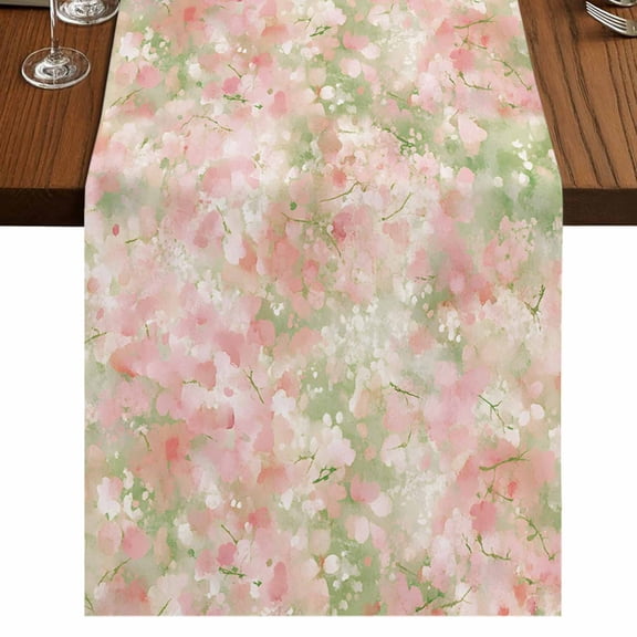 Pink Green Flower 36 Inch Table Runner, Watercolor Summer Botanical Farmhouse Dresser Scarf Cotton & Linen Tablerunner for Dining/Kitchen Island/Holiday Party Décor Small 13" x 36"
